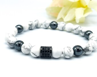 Grey and White Gemstone Bracelet, Men's Beaded Bracelet for Reducing Stress, Custom Round Bead Bracelet, Unique Gem Jewelry Gift for Men