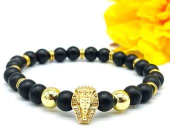 Alpha Phi Alpha Mens Inspired Beaded Bracelet, Black and Gold Bracelet, Gemstone, Sphinx Bracelet