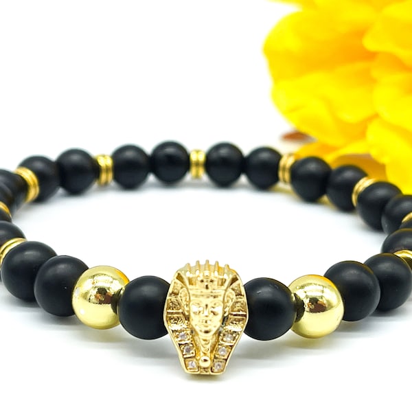 Alpha Phi Alpha Mens Inspired Beaded Bracelet, Black and Gold Bracelet, Gemstone, Sphinx Bracelet