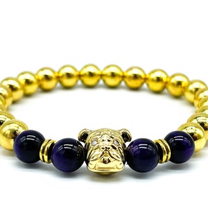 Omega Psi Phi Mens Inspired Bead Bracelet, Purple and Gold Bracelet, Gemstone, Que Dog, Dog Bracelet