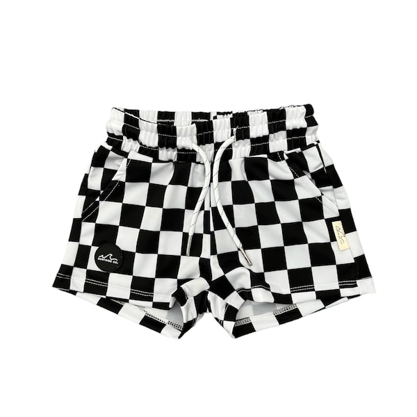 NEW! B/W Checkered Swim Shorts, Hybrid Swim Trunks, Boy Boardshort, Baby Swim, Toddler Swim, Boy Swim, Baby Swim, Children Swimwear