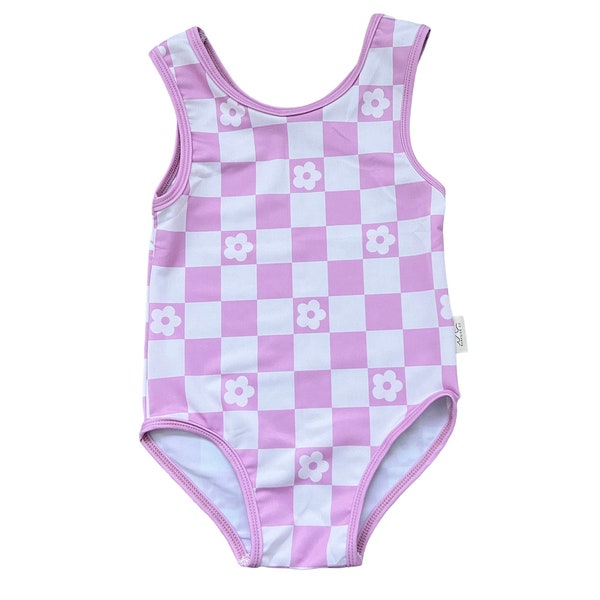 NEW! Purple Daisy Check One Piece Bathing Suit, Baby/Toddler/Kid Bathing Suit, Swimsuit, Girl Swimsuit