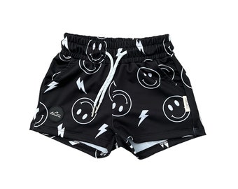 NEW! B/W Smiley Bolt Swim Shorts, Hybrid Swim Trunks, Boy Boardshort, Baby Swim, Toddler Swim, Boy Swim, Baby Swim, Children Swimwear