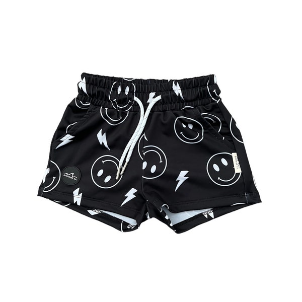 NEW! B/W Smiley Bolt Swim Shorts, Hybrid Swim Trunks, Boy Boardshort, Baby Swim, Toddler Swim, Boy Swim, Baby Swim, Children Swimwear