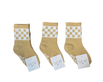 3 pack Socks - Tan Checkboard- Infant, Toddler, Child, Kid, Teen Socks