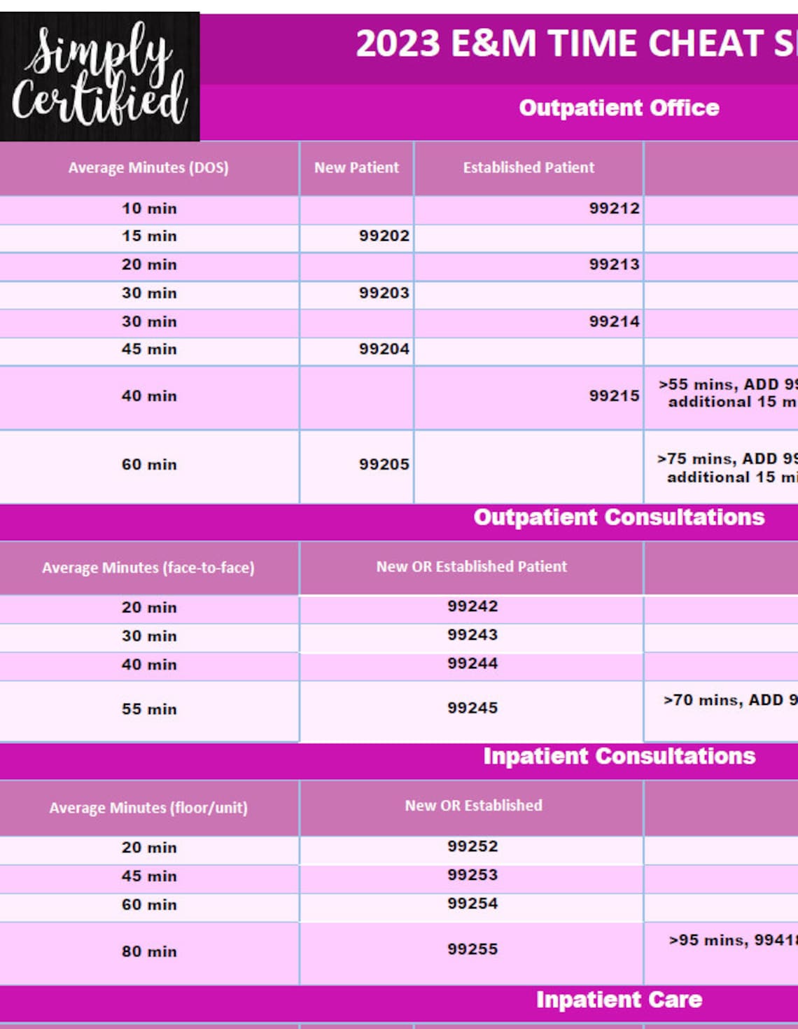 2023 E&M Time-based Coding Cheat Sheet in PINK - Etsy