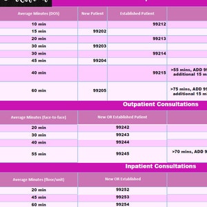 2023 E&M Time-based Coding Cheat Sheet in PINK - Etsy image.