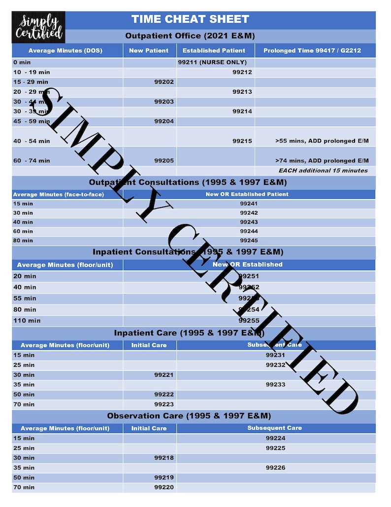 E&M Timebased Coding Cheat Sheets in 9 Beautiful Colors Etsy