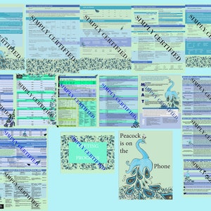 May include: A collection of charts and tables with the text "SIMPLY CERTIFIED" repeated throughout. A blue peacock illustration with the text "Peacock is on the Phone" is in the center of the image.