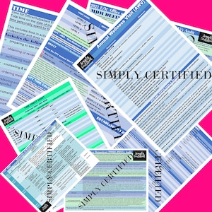 May include: A blue and white document with the text "SIMPLY CERTIFIED" in large, bold letters. The document is a cheat sheet for medical billing codes and includes a table with different codes and their corresponding descriptions.