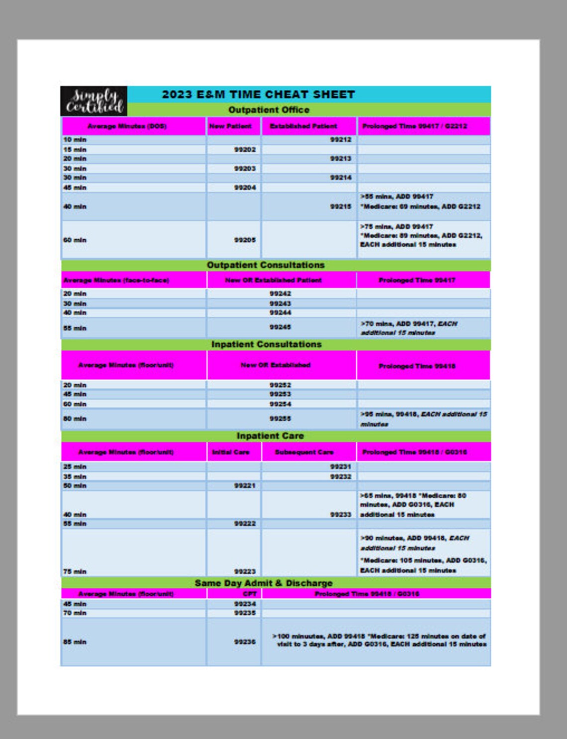 2023 E&M Time-based Coding Cheat Sheet in Bubblegum - Etsy