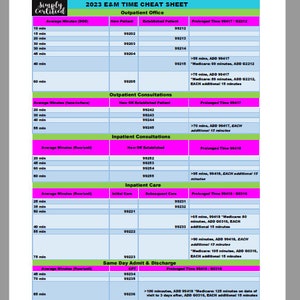 2023 E&M Time-Based Coding Cheat Sheet in Bubblegum