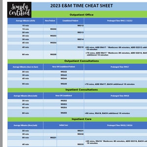 2023 E&M Time-Based Coding Cheat Sheet in Blue and Green