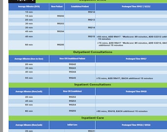 2023 E&M Time-Based Coding Cheat Sheet in Blue and Green