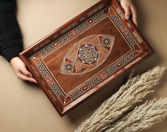 Handmade Wooden Serving Tray - Elegant Rectangular Mosaic Tray for Coffee Table or Kitchen Decor -Unique Gift for Home and Special Occasions
