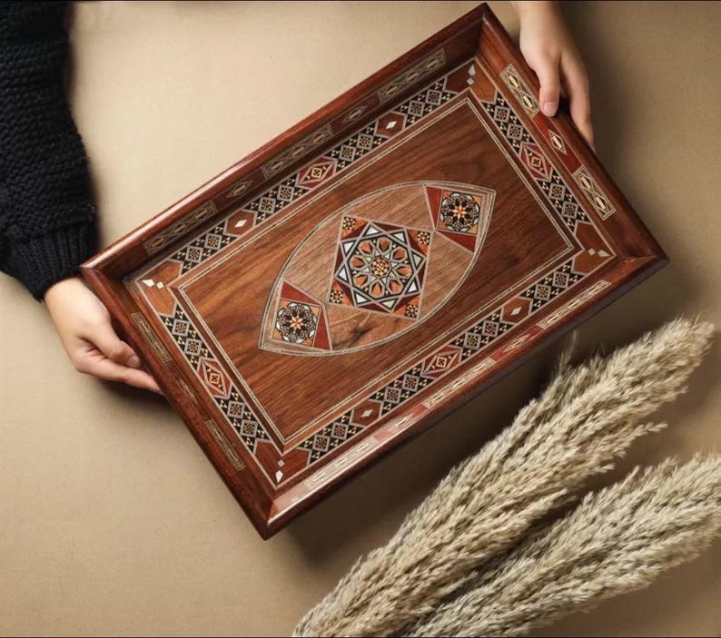 Handmade Wooden Serving Tray - Elegant Rectangular Mosaic Tray for Coffee Table or Kitchen Decor -Unique Gift for Home and Special Occasions image 1