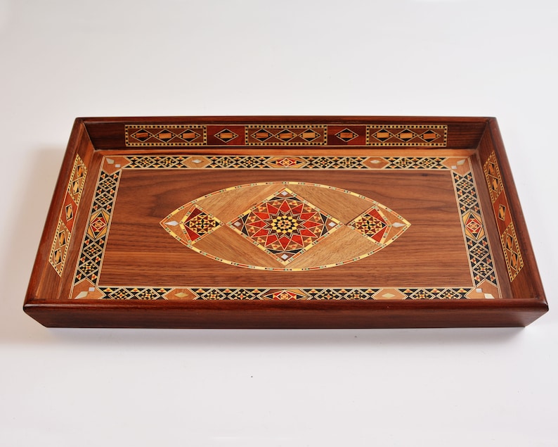 Handmade Wooden Serving Tray - Elegant Rectangular Mosaic Tray for Coffee Table or Kitchen Decor -Unique Gift for Home and Special Occasions image 7