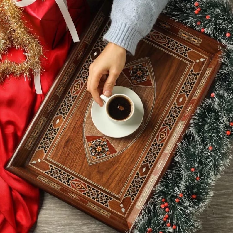 Handmade Wooden Serving Tray - Elegant Rectangular Mosaic Tray for Coffee Table or Kitchen Decor -Unique Gift for Home and Special Occasions image 2