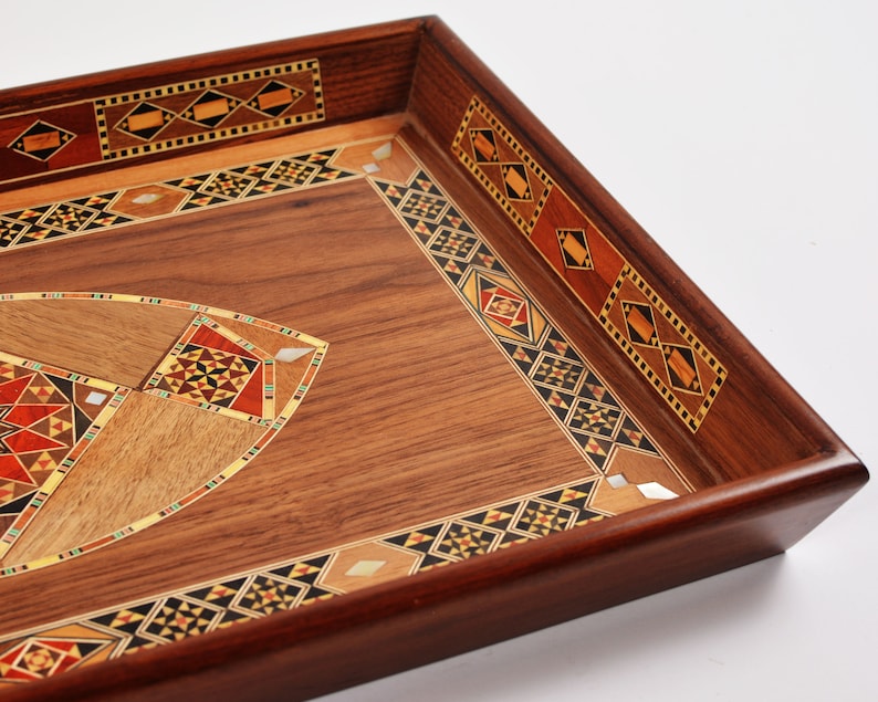 Handmade Wooden Serving Tray - Elegant Rectangular Mosaic Tray for Coffee Table or Kitchen Decor -Unique Gift for Home and Special Occasions image 8
