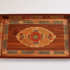 Handmade Wooden Serving Tray - Elegant Rectangular Mosaic Tray for Coffee Table or Kitchen Decor -Unique Gift for Home and Special Occasions image 9