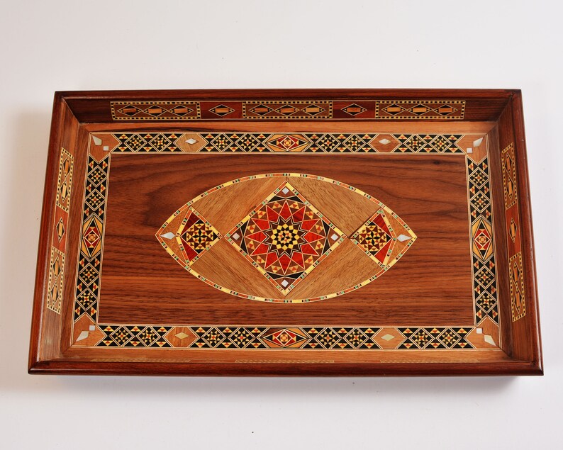 Handmade Wooden Serving Tray - Elegant Rectangular Mosaic Tray for Coffee Table or Kitchen Decor -Unique Gift for Home and Special Occasions image 9