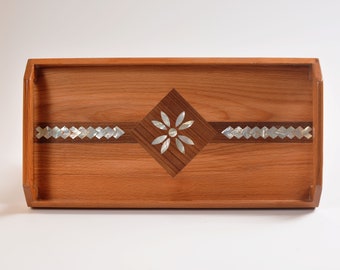 Handmade Rectangular Wooden Tray- Mother of Pearl Inlay with Geometric Marquetry- Decorative Serving Tray for Home,Gift or Special Occasions
