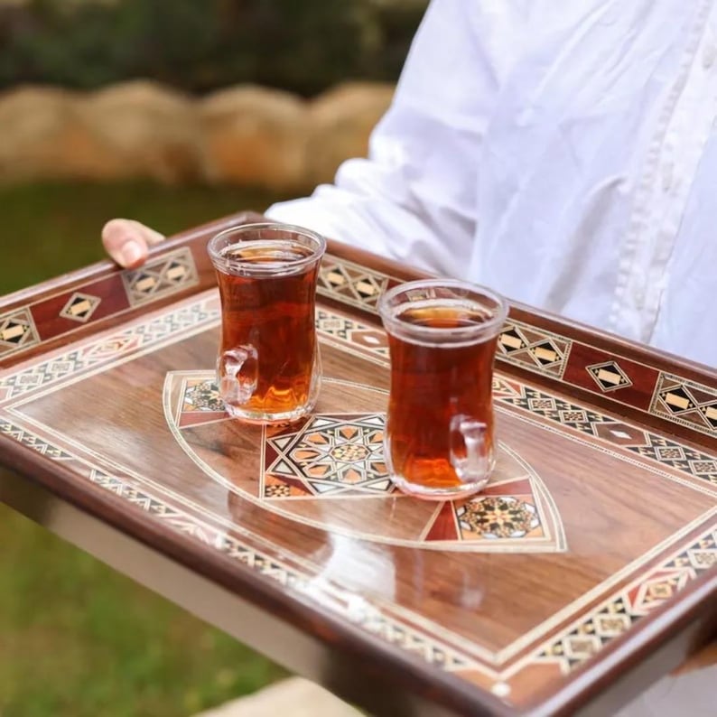 Handmade Wooden Serving Tray - Elegant Rectangular Mosaic Tray for Coffee Table or Kitchen Decor -Unique Gift for Home and Special Occasions image 3