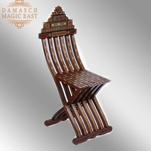 Silla de madera vintage siria hecha a mano - silla plegable, decoración del hogar, silla de tocador, silla de mosaico - silla auxiliar con incrustaciones de nácar