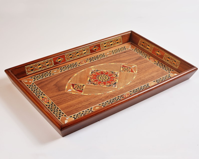 Handmade Wooden Serving Tray - Elegant Rectangular Mosaic Tray for Coffee Table or Kitchen Decor -Unique Gift for Home and Special Occasions image 5