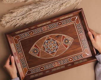 Handmade Syrian Mosaic Tray – Damascus Marquetry Gift  Mother of Pearl Inlay  Oriental Decor for Christmas & New Year