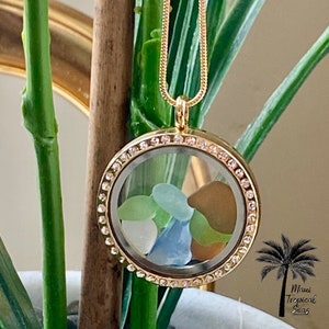 Seaglass Jeweled Floating Pendant Locket Necklace Boho Beach Girl From Maui Hawaii Jewelry Gift