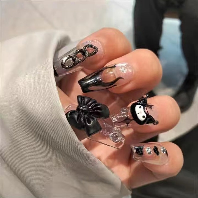 Black Kuromi Y2K Press on Nails/fire and Chain/bow/heart/star Etsy