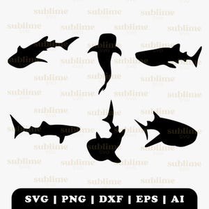 Puede incluir: Una colección de siluetas negras de tiburones en varias poses. La imagen incluye texto en la parte inferior que indica los formatos de archivo: SVG, PNG, DXF, EPS y AI. Los tiburones se representan en un estilo minimalista.