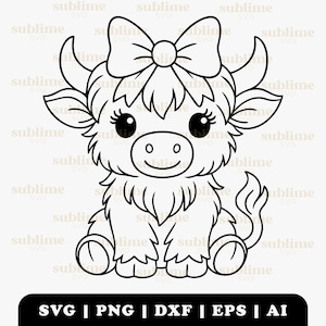 May include: A black and white line drawing of a cartoon Highland cow, featuring a large bow on its head. The cow is depicted in a seated position with a curled tail. The image includes the text "SVG | PNG | DXF | EPS | AI".