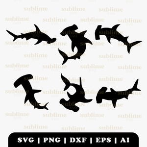 Puede incluir: Siluetas negras de varias especies de tiburones, incluyendo tiburones martillo, sobre un fondo blanco. La imagen incluye el texto "SVG | PNG | DXF | EPS | AI" en la parte inferior, indicando formatos de archivo.