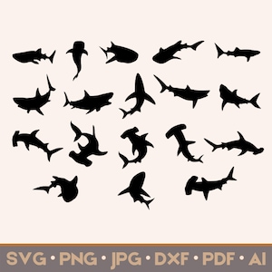 Lot de 18 requins SVG | Fichiers de découpe pour Cricut, Silhouette | svg, png, jpg, eps, ai, pdf | Graphiques vectoriels à usage commercial | TÉLÉCHARGEMENT IMMÉDIAT