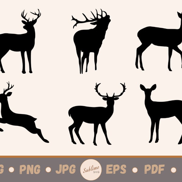 6 Deer Silhouette SVG | Cut files for Cricut, Silhouette | svg, png, jpg, eps, ai, pdf | Commercial use vector graphics | INSTANT DOWNLOAD