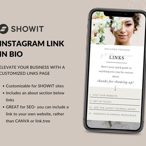 Puede incluir: Un smartphone muestra una p&aacute;gina web con la palabra "LINKS" y "WELCOME FRIENDS!". El tel&eacute;fono se encuentra sobre un fondo beige claro. Tambi&eacute;n es visible el texto "INSTAGRAM LINK IN BIO" y "ELEVATE YOUR BUSINESS WITH A CUSTOMIZED LINKS PAGE".