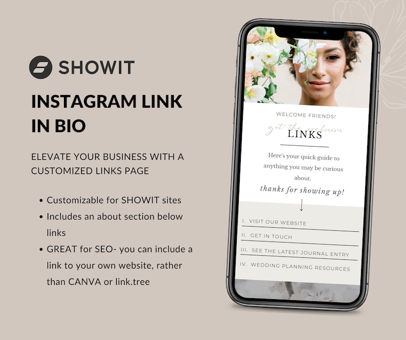 Puede incluir: Un smartphone muestra una p&aacute;gina web con la palabra "LINKS" y "WELCOME FRIENDS!". El tel&eacute;fono se encuentra sobre un fondo beige claro. Tambi&eacute;n es visible el texto "INSTAGRAM LINK IN BIO" y "ELEVATE YOUR BUSINESS WITH A CUSTOMIZED LINKS PAGE".