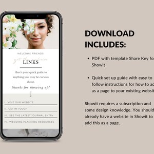 Puede incluir: Un tel&eacute;fono inteligente muestra una p&aacute;gina web con el texto "WELCOME FRIENDS! LINKS" y la cara de una mujer. La pantalla tambi&eacute;n enumera enlaces a sitios web y detalles sobre una plantilla PDF y una gu&iacute;a de configuraci&oacute;n para Showit.