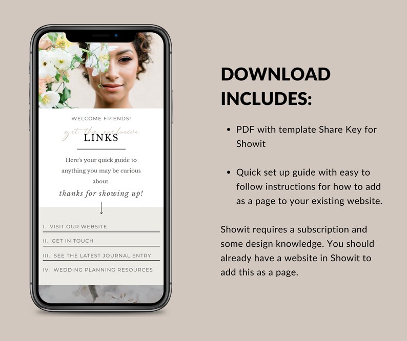 Puede incluir: Un tel&eacute;fono inteligente muestra una p&aacute;gina web con el texto "WELCOME FRIENDS! LINKS" y la cara de una mujer. La pantalla tambi&eacute;n enumera enlaces a sitios web y detalles sobre una plantilla PDF y una gu&iacute;a de configuraci&oacute;n para Showit.