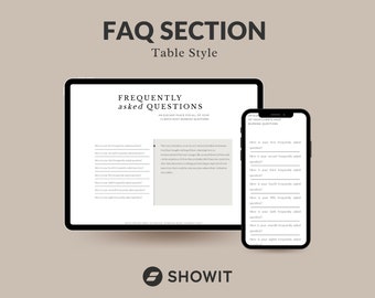 Plantilla de preguntas frecuentes para el sitio web de Showit: estilo tabla, complemento, preguntas frecuentes, entrenadores, emprendedores, fotógrafos