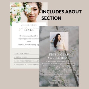 Puede incluir: Dise&ntilde;o web de fotograf&iacute;a de bodas con un retrato de mujer y el texto &laquo; I'M SO GLAD YOU'RE HERE &raquo;. El dise&ntilde;o incluye enlaces al sitio web, informaci&oacute;n de contacto y entradas de blog.