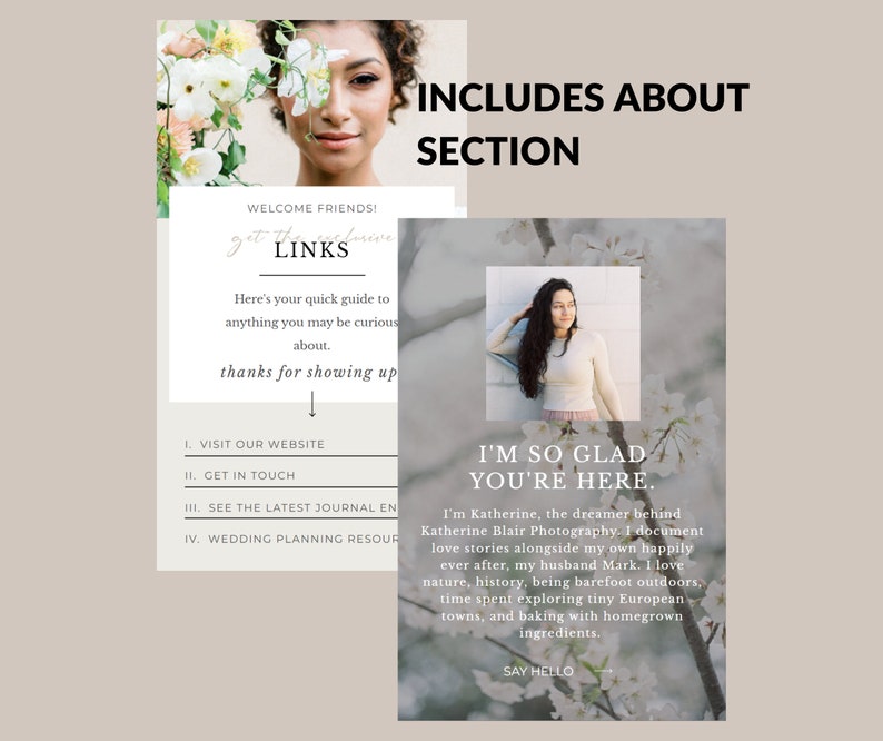 Puede incluir: Dise&ntilde;o web de fotograf&iacute;a de bodas con un retrato de mujer y el texto &laquo; I'M SO GLAD YOU'RE HERE &raquo;. El dise&ntilde;o incluye enlaces al sitio web, informaci&oacute;n de contacto y entradas de blog.