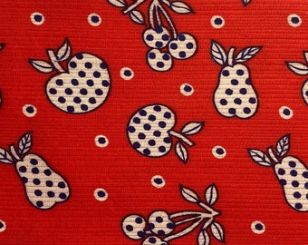 Vintage red cotton ottoman fabric with navy & white spotted apples, pears and cherries.