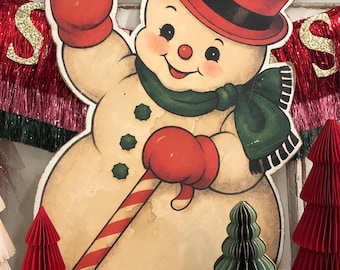 Vintage Snowman Christmas Sign | Retro Holiday Decoration | Nostalgic Winter Wall Art
