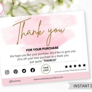 Editable Thank You Card Template | Canva Thank You Card | DIY Thank You Card | Watercolor Thank You Card | Small Business Thank You Card