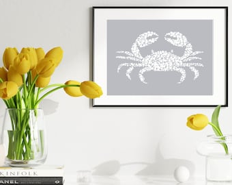 Crab Print Digital Art Wall Art Printable Nautical Print Instant Download Minimalist Wall Art, Retro Art Print Blue Gray Crab Gift Geometric