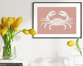 Crab Print Digital Art Wall Art Printable Nautical Print Instant Download Minimalist Wall Art, Retro Art Print Rose Pink Crab Gift Geometric