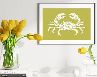 Crab Print Digital Art Wall Art Printable Nautical Print Instant Download Minimalist Wall Art, Retro Art Print Olive Crab Gift Geometric
